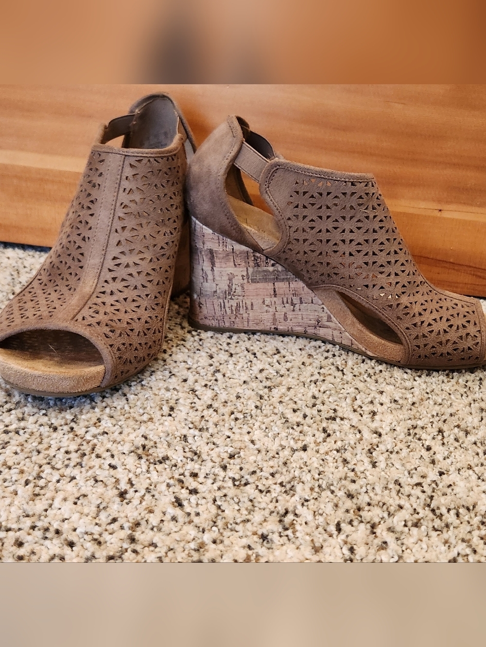 Life Stride Brown Laser-Cut Cork Wedge Heels